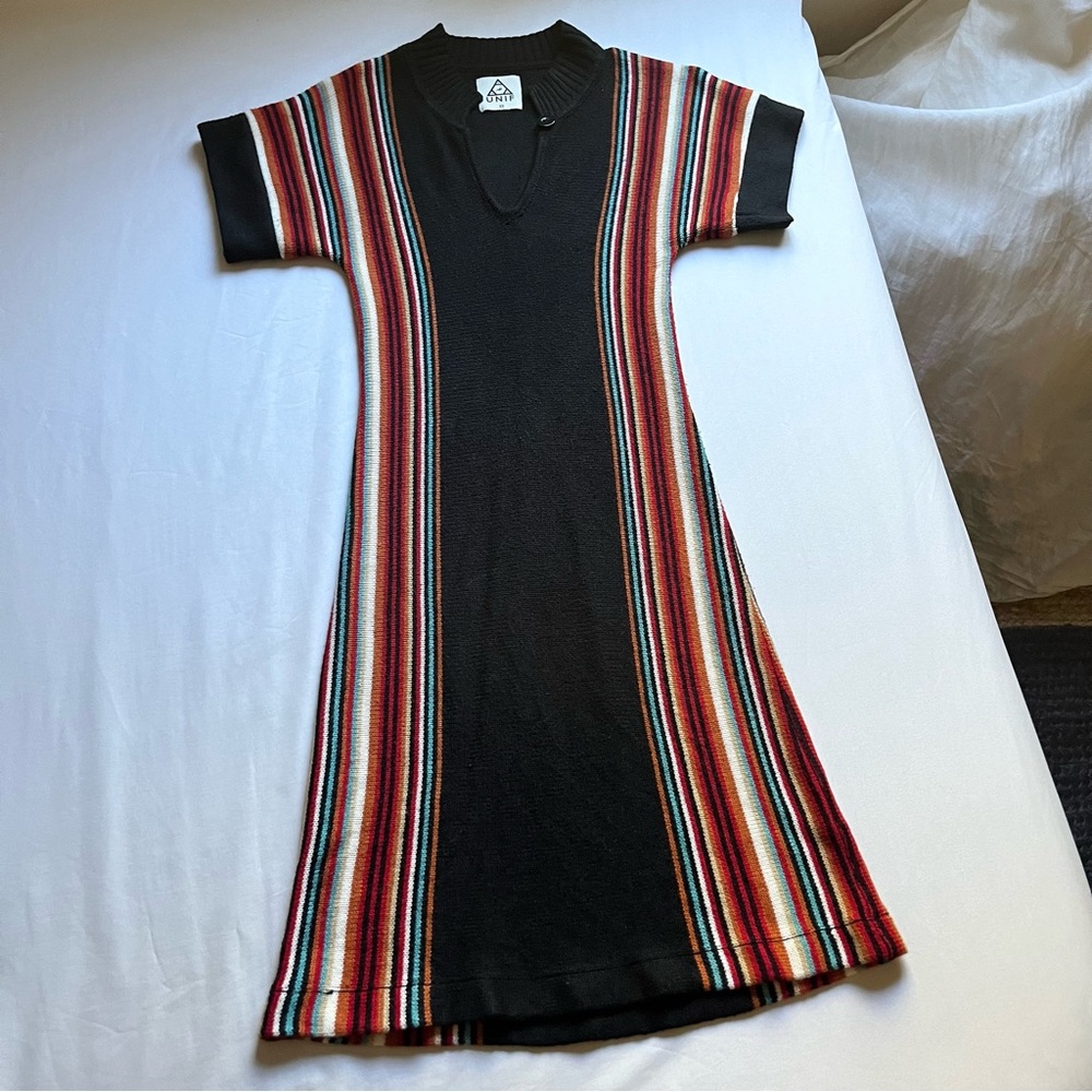 UNIF black knit striped short sleeve midi sweater dress